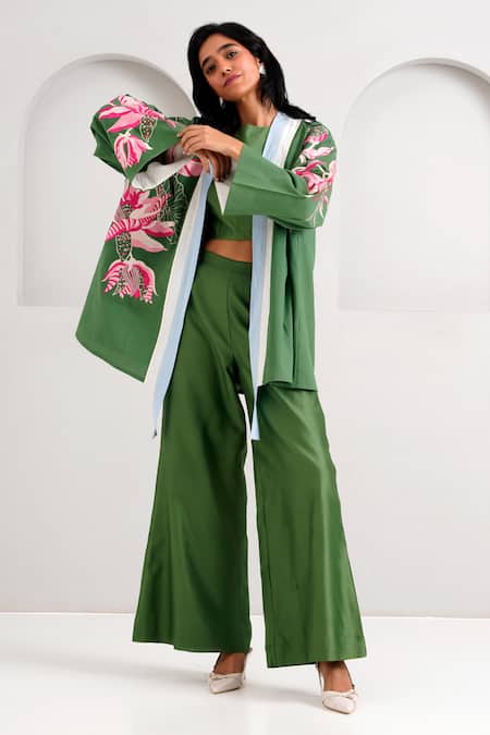 Madder Much Green Handloom Cotton Embroidery Open Neck Lyam Woven Bloom Jacket 