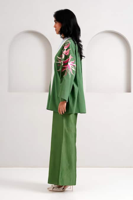 Shop Madder Much Green Handloom Cotton Embroidery Open Neck Lyam Woven Bloom Jacket at Aza Fashions Shop_Madder Much_Green Handloom Cotton Embroidery Open Neck Lyam Woven Bloom Jacket _at_Aza_Fashions