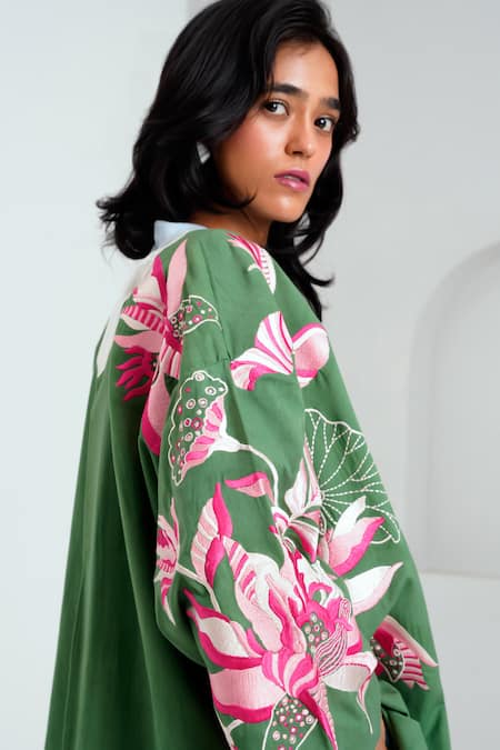 Madder Much Green Handloom Cotton Embroidery Open Neck Lyam Woven Bloom Jacket Online at Aza Fashions Madder Much_Green Handloom Cotton Embroidery Open Neck Lyam Woven Bloom Jacket _Online_at_Aza_Fashions