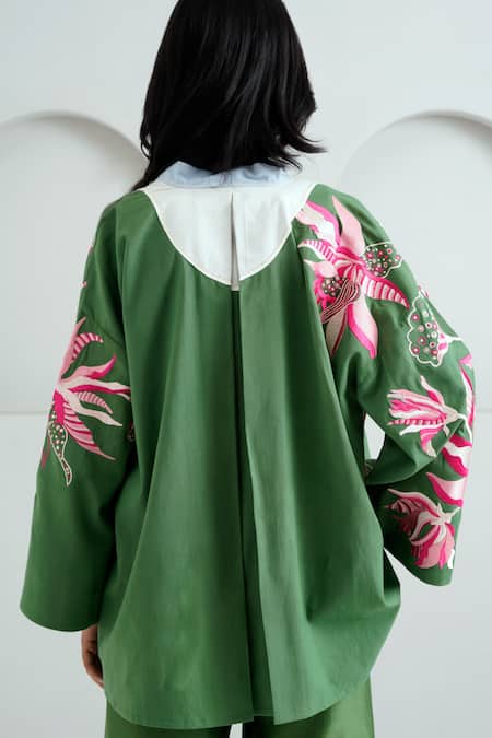 Buy Madder Much Green Handloom Cotton Embroidery Open Neck Lyam Woven Bloom Jacket Online at Aza Fashions Buy_Madder Much_Green Handloom Cotton Embroidery Open Neck Lyam Woven Bloom Jacket _Online_at_Aza_Fashions