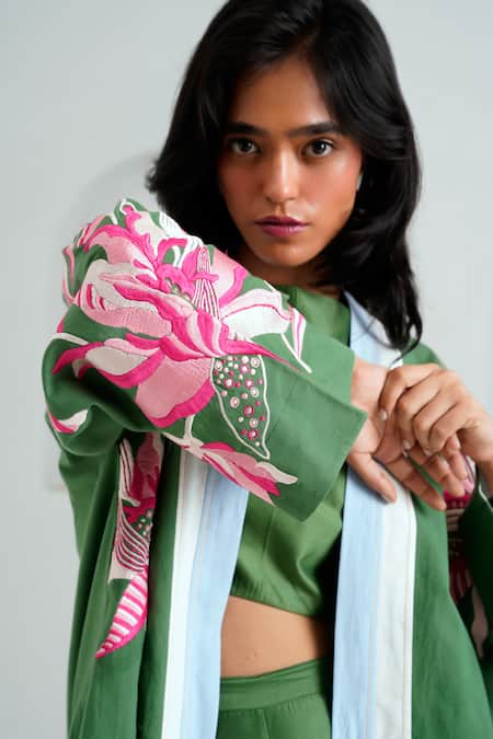 Shop Madder Much Green Handloom Cotton Embroidery Open Neck Lyam Woven Bloom Jacket Online at Aza Fashions Shop_Madder Much_Green Handloom Cotton Embroidery Open Neck Lyam Woven Bloom Jacket _Online_at_Aza_Fashions