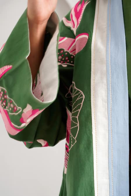 Madder Much Green Handloom Cotton Embroidery Open Neck Lyam Woven Bloom Jacket at Aza Fashions Madder Much_Green Handloom Cotton Embroidery Open Neck Lyam Woven Bloom Jacket _at_Aza_Fashions