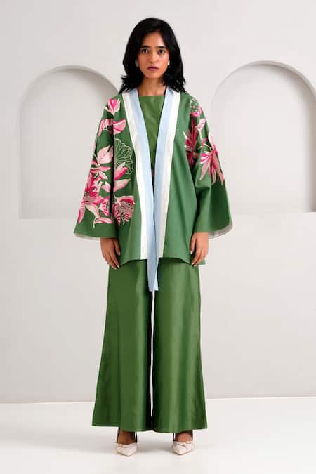 Shop Madder Much Green Handloom Cotton Embroidery Open Neck Lyam Woven Bloom Jacket Shop_Madder Much_Green Handloom Cotton Embroidery Open Neck Lyam Woven Bloom Jacket