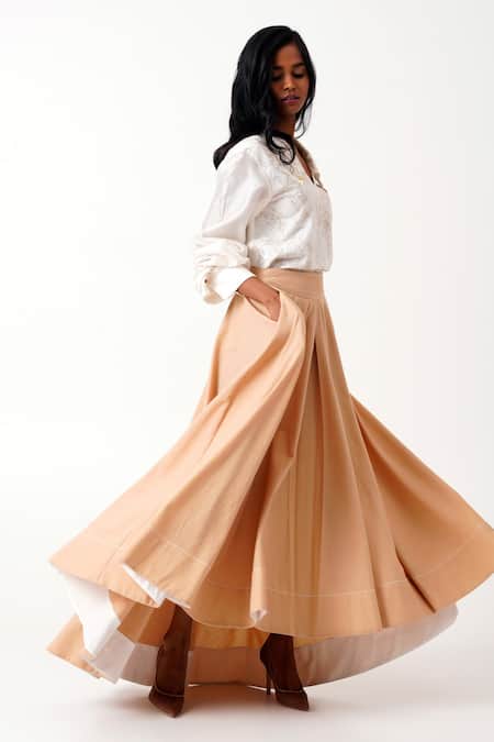 Shop Madder Much Brown Handloom Cotton Embroidery Jena Latte Woven Swirl Skirt Online at Aza Fashions Shop_Madder Much_Brown Handloom Cotton Embroidery Jena Latte Woven Swirl Skirt _Online_at_Aza_Fashions