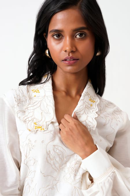 Madder Much_White Handloom Cotton Embroidery, Beads Collared Jena Latte Woven Swirl Top _Online_at_Aza_Fashions