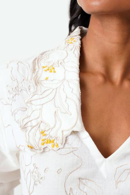 Buy_Madder Much_White Handloom Cotton Embroidery, Beads Collared Jena Latte Woven Swirl Top _Online_at_Aza_Fashions