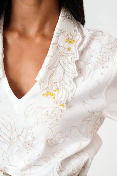 Madder Much_White Handloom Cotton Embroidery, Beads Collared Jena Latte Woven Swirl Top _at_Aza_Fashions