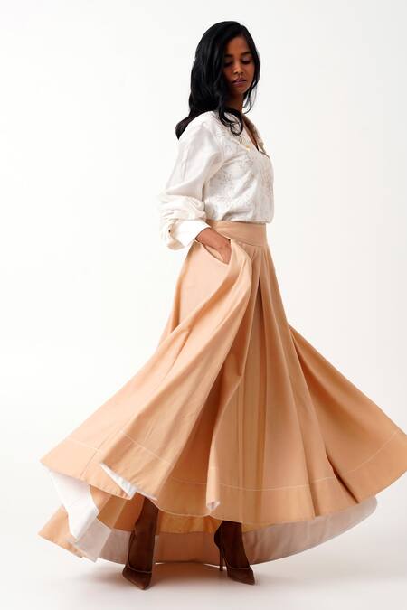 Shop_Madder Much_White Handloom Cotton Embroidery, Beads Collared Jena Latte Woven Swirl Top 