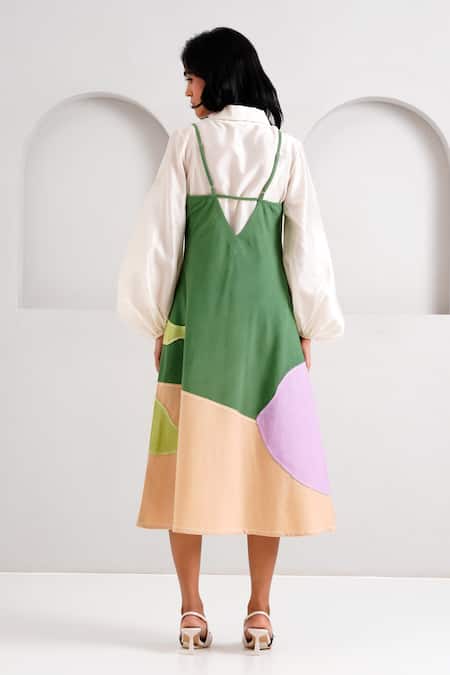 Shop Madder Much Green Handloom Cotton Patchwork, Embroidery V-neck Yana Slip Dress at Aza Fashions Shop_Madder Much_Green Handloom Cotton Patchwork, Embroidery V-neck Yana Slip Dress _at_Aza_Fashions