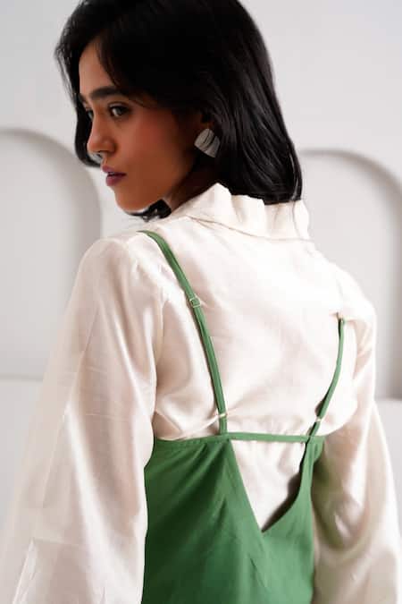 Madder Much Green Handloom Cotton Patchwork, Embroidery V-neck Yana Slip Dress Online at Aza Fashions Madder Much_Green Handloom Cotton Patchwork, Embroidery V-neck Yana Slip Dress _Online_at_Aza_Fashions