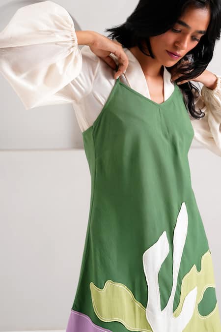 Shop Madder Much Green Handloom Cotton Patchwork, Embroidery V-neck Yana Slip Dress Online at Aza Fashions Shop_Madder Much_Green Handloom Cotton Patchwork, Embroidery V-neck Yana Slip Dress _Online_at_Aza_Fashions