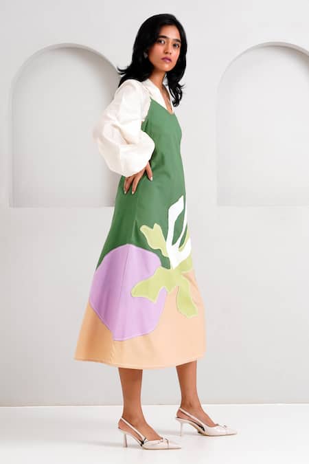 Madder Much Green Handloom Cotton Patchwork, Embroidery V-neck Yana Slip Dress at Aza Fashions Madder Much_Green Handloom Cotton Patchwork, Embroidery V-neck Yana Slip Dress _at_Aza_Fashions