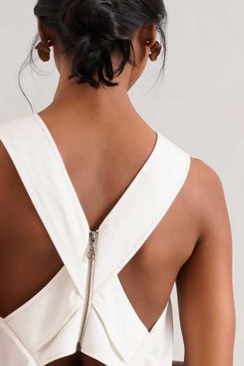MADDER MUCH_Ivory Handloom Cotton Round Neck Rabi Troop Woven Criss Cross Top _at_Aza_Fashions