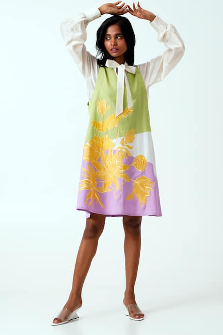 Shop_Madder Much_Multi Color V-, Open Woven Tie-up Shirt And Floral Dress _Online_at_Aza_Fashions