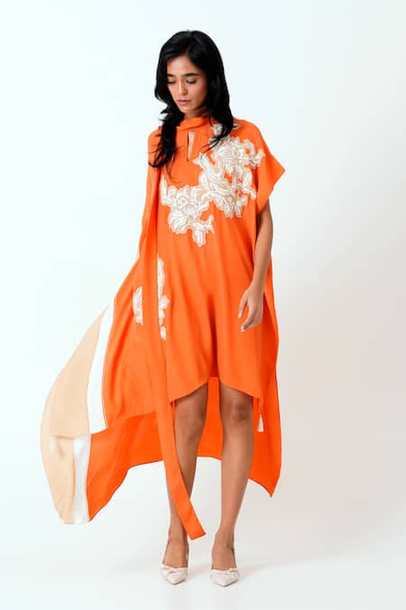 Shop Madder Much Orange Crepe Patchwork, Embroidery Bandeau Neck Nante Woven Kaftan Dress Online at Aza Fashions Shop_Madder Much_Orange Crepe Patchwork, Embroidery Bandeau Neck Nante Woven Kaftan Dress _Online_at_Aza_Fashions