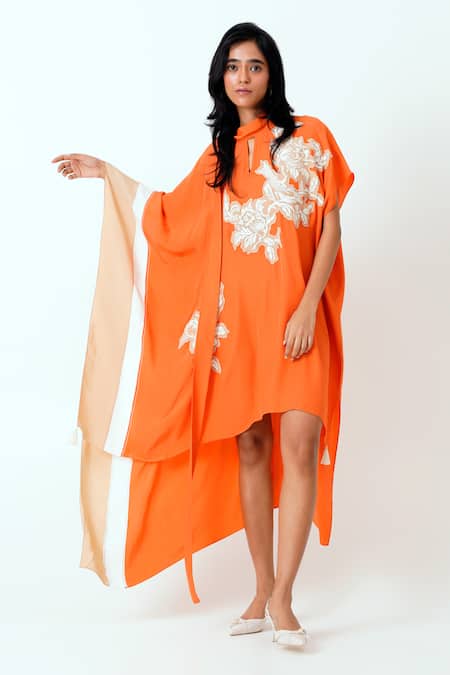 Madder Much Orange Crepe Patchwork, Embroidery Bandeau Neck Nante Woven Kaftan Dress at Aza Fashions Madder Much_Orange Crepe Patchwork, Embroidery Bandeau Neck Nante Woven Kaftan Dress _at_Aza_Fashions
