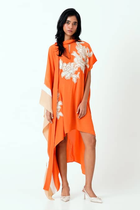 Buy Madder Much Orange Crepe Patchwork, Embroidery Bandeau Neck Nante Woven Kaftan Dress Buy_Madder Much_Orange Crepe Patchwork, Embroidery Bandeau Neck Nante Woven Kaftan Dress