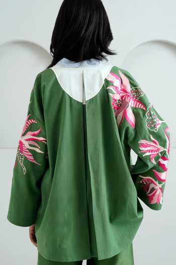 Buy_MADDER MUCH_Green Handloom Cotton, Chanderi Embroidery Open Lyam Bloom Jacket Pant Set _Online_at_Aza_Fashions