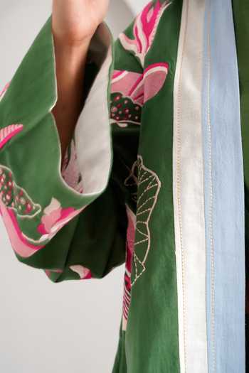 MADDER MUCH_Green Handloom Cotton, Chanderi Embroidery Open Lyam Bloom Jacket Pant Set _at_Aza_Fashions