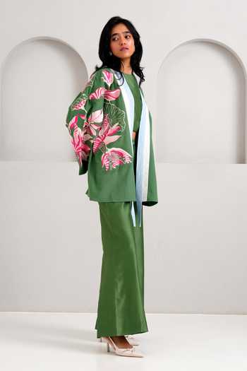 Buy_MADDER MUCH_Green Handloom Cotton, Chanderi Embroidery Open Lyam Bloom Jacket Pant Set 
