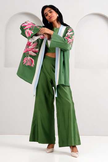 Shop_MADDER MUCH_Green Handloom Cotton, Chanderi Embroidery Open Lyam Bloom Jacket Pant Set 