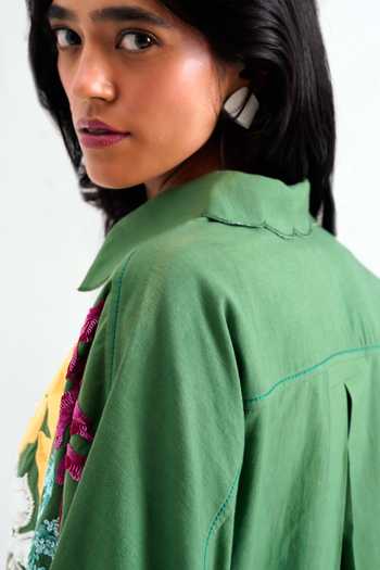 MADDER MUCH_Green Handloom Cotton Sequins, Beads Collared Suri Limitless Love Shirt Dress _Online_at_Aza_Fashions
