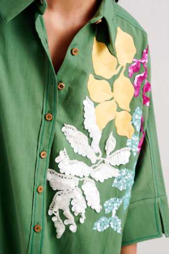 Shop_MADDER MUCH_Green Handloom Cotton Sequins, Beads Collared Suri Limitless Love Shirt Dress _Online_at_Aza_Fashions