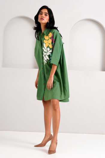 MADDER MUCH_Green Handloom Cotton Sequins, Beads Collared Suri Limitless Love Shirt Dress _at_Aza_Fashions