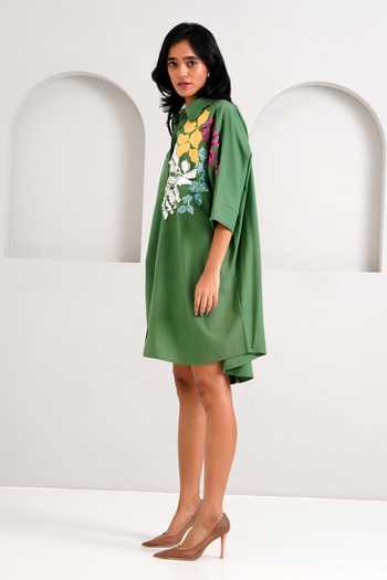 Buy_MADDER MUCH_Green Handloom Cotton Sequins, Beads Collared Suri Limitless Love Shirt Dress 