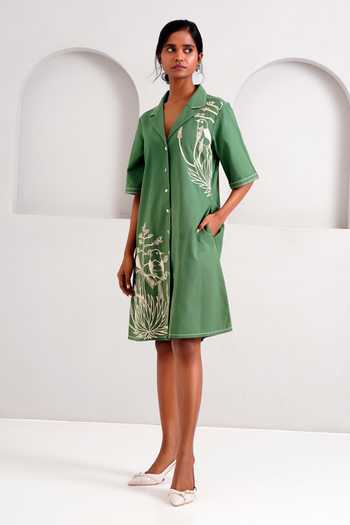 Shop MADDER MUCH Green Handloom , Embroidery Collared Taiwo Floral Bird Shirt Dress Online at Aza Fashions Shop_MADDER MUCH_Green Handloom , Embroidery Collared Taiwo Floral Bird Shirt Dress _Online_at_Aza_Fashions