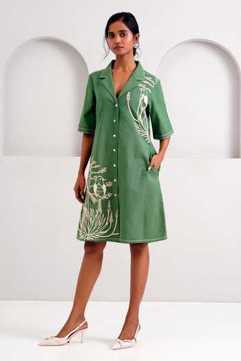 MADDER MUCH Green Handloom , Embroidery Collared Taiwo Floral Bird Shirt Dress at Aza Fashions MADDER MUCH_Green Handloom , Embroidery Collared Taiwo Floral Bird Shirt Dress _at_Aza_Fashions