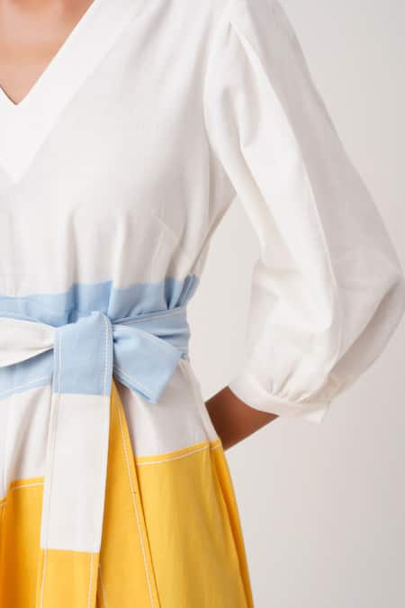 Madder Much Multi Color Handloom Cotton Embroidery Sahar Woven Panelled Dress With Belt Online at Aza Fashions Madder Much_Multi Color Handloom Cotton Embroidery Sahar Woven Panelled Dress With Belt _Online_at_Aza_Fashions