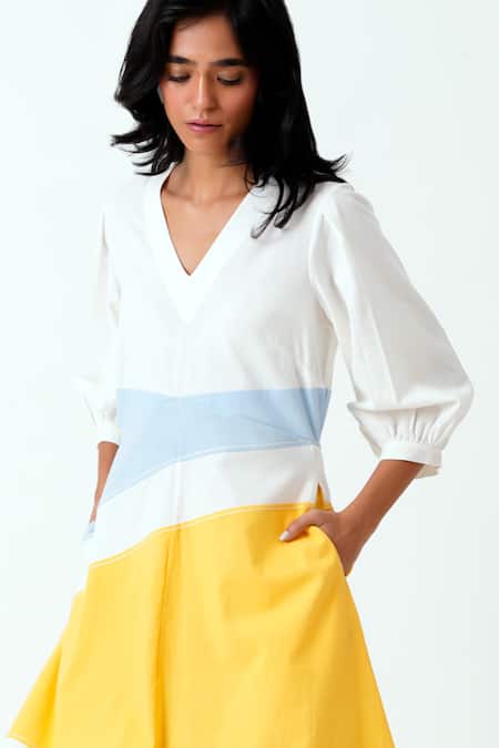 Buy Madder Much Multi Color Handloom Cotton Embroidery Sahar Woven Panelled Dress With Belt Online at Aza Fashions Buy_Madder Much_Multi Color Handloom Cotton Embroidery Sahar Woven Panelled Dress With Belt _Online_at_Aza_Fashions