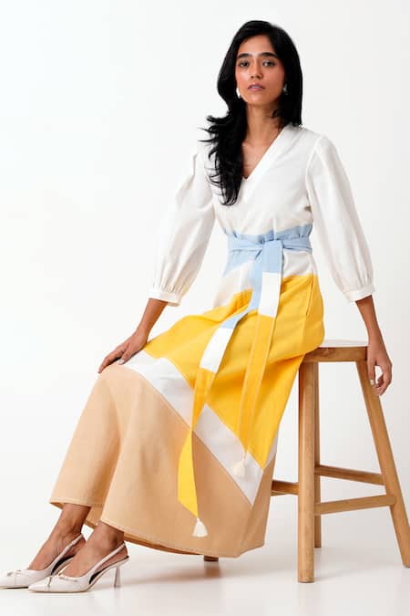 Shop Madder Much Multi Color Handloom Cotton Embroidery Sahar Woven Panelled Dress With Belt Online at Aza Fashions Shop_Madder Much_Multi Color Handloom Cotton Embroidery Sahar Woven Panelled Dress With Belt _Online_at_Aza_Fashions