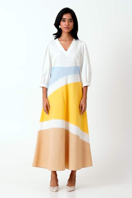 Madder Much Multi Color Handloom Cotton Embroidery Sahar Woven Panelled Dress With Belt at Aza Fashions Madder Much_Multi Color Handloom Cotton Embroidery Sahar Woven Panelled Dress With Belt _at_Aza_Fashions