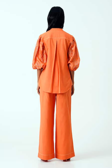 Shop Madder Much Orange Handloom , Embroidery Collared Sunset Oba Top With Pant at Aza Fashions Shop_Madder Much_Orange Handloom , Embroidery Collared Sunset Oba Top With Pant _at_Aza_Fashions