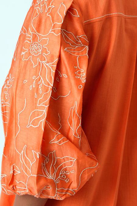Madder Much Orange Handloom , Embroidery Collared Sunset Oba Top With Pant Online at Aza Fashions Madder Much_Orange Handloom , Embroidery Collared Sunset Oba Top With Pant _Online_at_Aza_Fashions