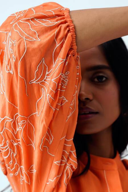 Buy Madder Much Orange Handloom , Embroidery Collared Sunset Oba Top With Pant Online at Aza Fashions Buy_Madder Much_Orange Handloom , Embroidery Collared Sunset Oba Top With Pant _Online_at_Aza_Fashions