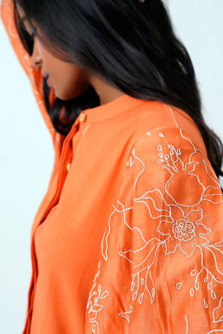 Shop Madder Much Orange Handloom , Embroidery Collared Sunset Oba Top With Pant Online at Aza Fashions Shop_Madder Much_Orange Handloom , Embroidery Collared Sunset Oba Top With Pant _Online_at_Aza_Fashions