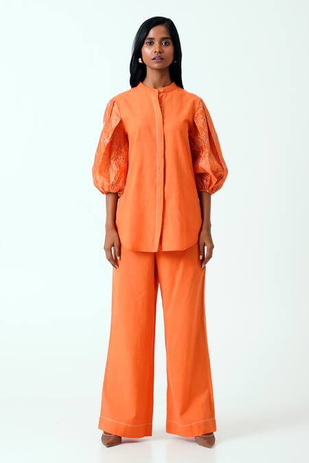 Madder Much Orange Handloom , Embroidery Collared Sunset Oba Top With Pant at Aza Fashions Madder Much_Orange Handloom , Embroidery Collared Sunset Oba Top With Pant _at_Aza_Fashions