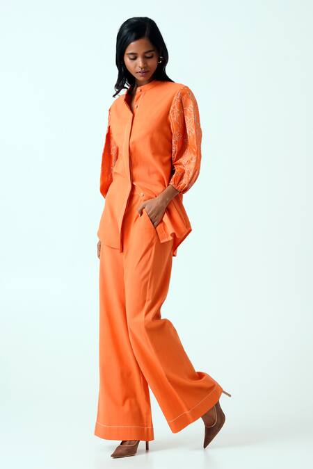 Buy Madder Much Orange Handloom , Embroidery Collared Sunset Oba Top With Pant Buy_Madder Much_Orange Handloom , Embroidery Collared Sunset Oba Top With Pant