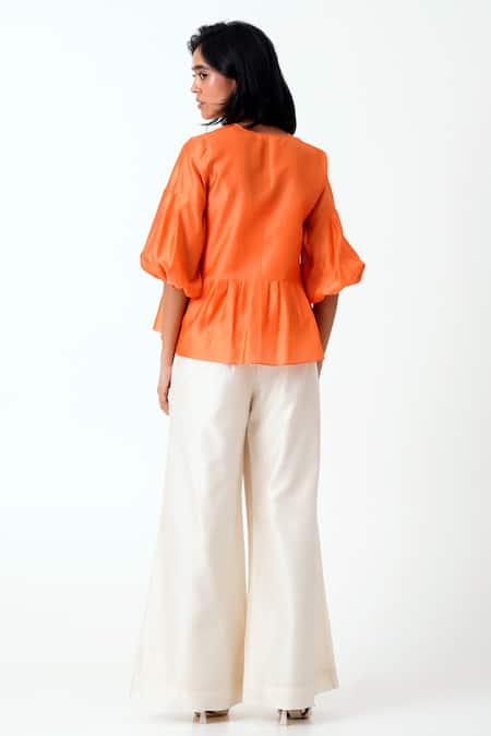 Shop Madder Much Orange Handloom Cotton Embroidery Round Sunset Toni Woven Peplum Top With Inner at Aza Fashions Shop_Madder Much_Orange Handloom Cotton Embroidery Round Sunset Toni Woven Peplum Top With Inner _at_Aza_Fashions