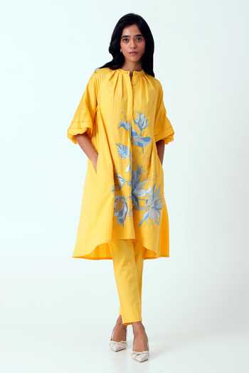 Buy MADDER MUCH Yellow Handloom Cotton Embroidery Bandeau Neck Canary Suvi Kurta With Pant Buy_MADDER MUCH_Yellow Handloom Cotton Embroidery Bandeau Neck Canary Suvi Kurta With Pant