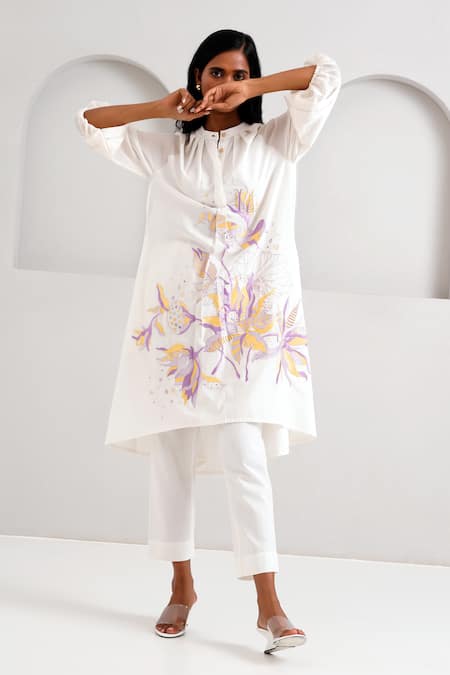 Madder Much White Handloom Cotton Embroidered Floral Band Suvi Kurta With Pant 