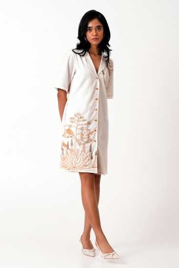 MADDER MUCH White Handloom Cotton, Linen Embroidery V-neck Taiwo Shirt Dress at Aza Fashions MADDER MUCH_White Handloom Cotton, Linen Embroidery V-neck Taiwo Shirt Dress _at_Aza_Fashions