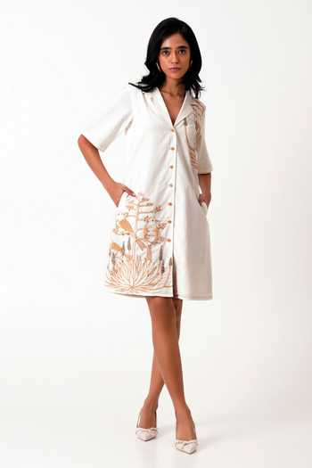 Buy MADDER MUCH White Handloom Cotton, Linen Embroidery V-neck Taiwo Shirt Dress Buy_MADDER MUCH_White Handloom Cotton, Linen Embroidery V-neck Taiwo Shirt Dress