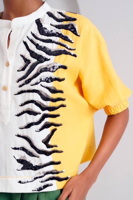 Madder Much White Handloom Cotton Sequins Collared Terra Embroidered Top With Pant Online at Aza Fashions Madder Much_White Handloom Cotton Sequins Collared Terra Embroidered Top With Pant _Online_at_Aza_Fashions