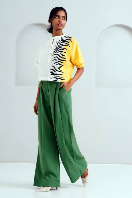 Buy Madder Much White Handloom Cotton Sequins Collared Terra Embroidered Top With Pant Buy_Madder Much_White Handloom Cotton Sequins Collared Terra Embroidered Top With Pant