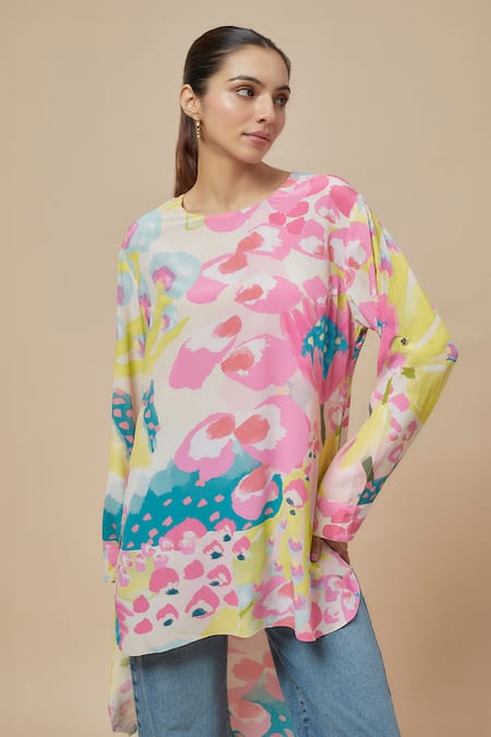 PS Pret By Payal Singhal_Green Crepe Print Euphoria Round Neck High Low Tunic_Online_at_Aza_Fashions