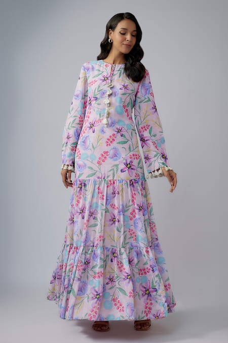 PS Pret by Payal Singhal Pink Art Georgette Print Blossom Round Neck Tiered Maxi Dress 